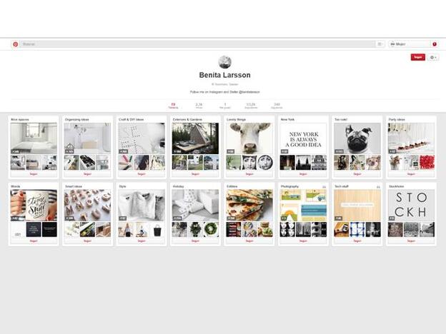 Detalle de los tableros de la cuenta de Pinterest de Benita Larsson.