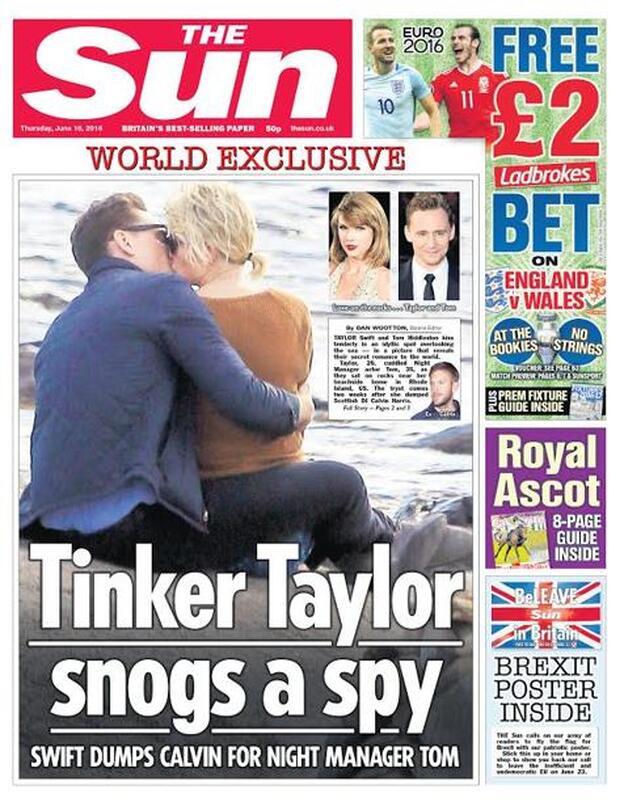 Taylor Swift y sus besos con Tom Hiddleston, al descubierto en la portada de 'The Sun'./twitter/the sun