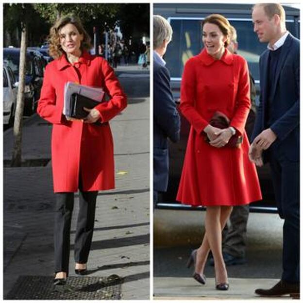 Dos abrigos rojos: el de Letizia de Hugo Boss y el de Kate de Carolina Herrera.