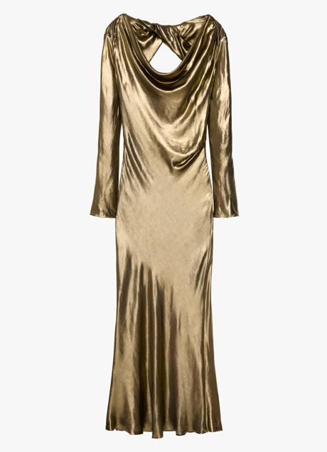 Vestido metalizado en dorado de Zara Studio. Foto: Zara.