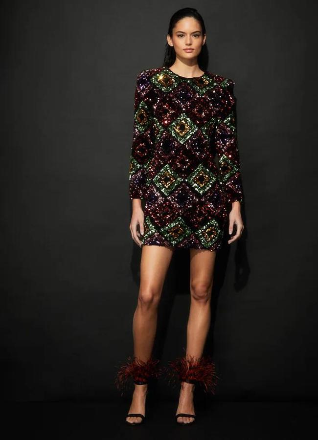 Vestido corto de lentejuelas con estampado multicolor