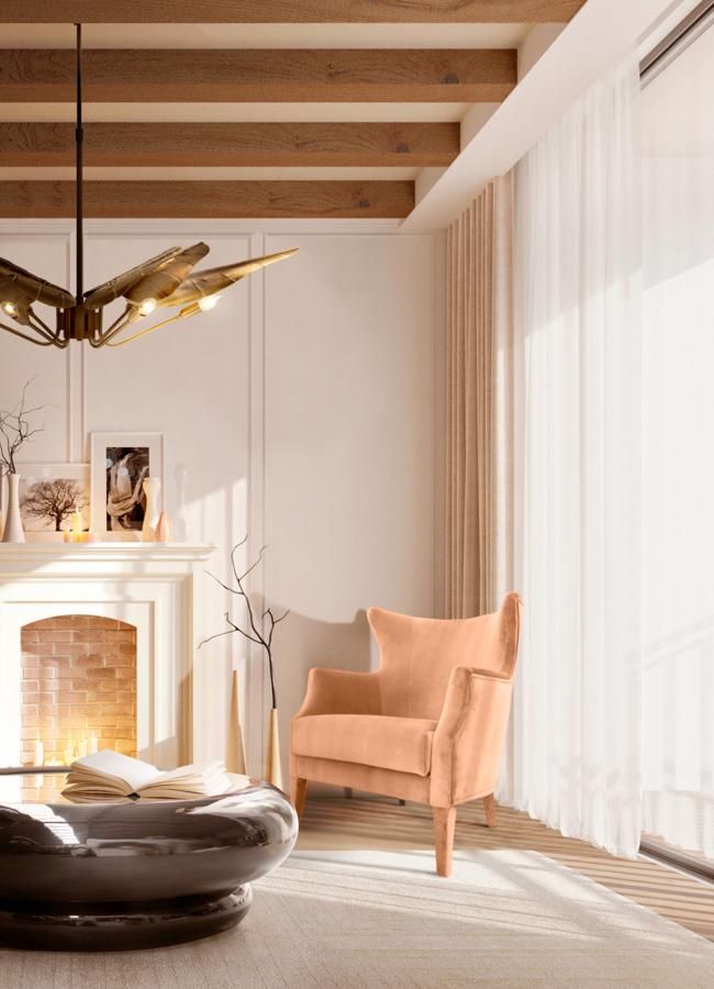 Salón en el que la pieza estrella es una butaca color Peach Fuzz. Foto: Cortesía Home'Society.