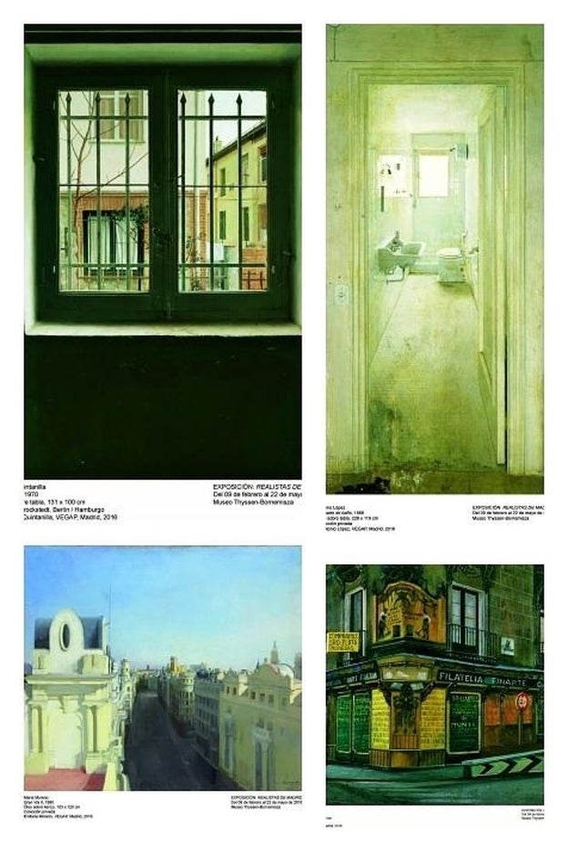 Arriba, Ventana (1970), de Quintanilla, y El cuarto de baño (1966), de Antonio López. Dcha., Gran Vía II (1990), de Moreno; y Filatelia Filarte (1989) de Avia./Vegap / D.r.