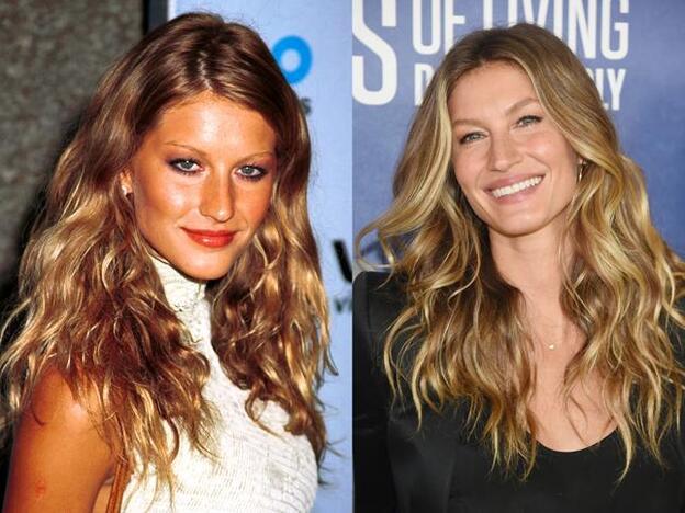 Han pasado 16 años entre una imagen y otra y la súper modelo Gisele Bündchen sigue fiel a su melena larga con mechas rubias y peinada con ondas surferas./Getty Images