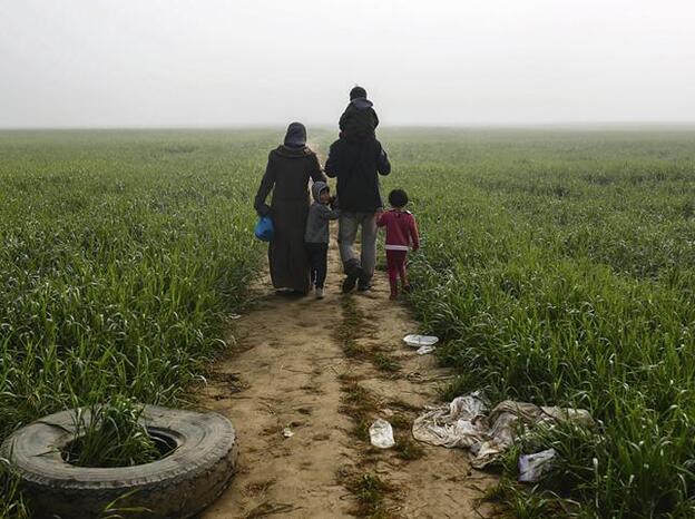 Una familia de refugiados camina a través de un campo en la frontera entre Grecia y Macedonia.