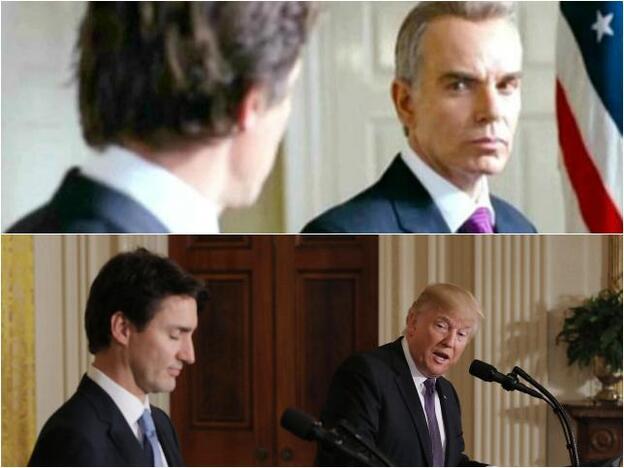 Imagen de conferencia de prensa de los presidentes en la película 'Love Actually ' y de la protagoniozada por Donald Trump y Justin Truideau