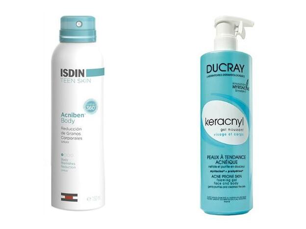 Acniben Body de Isdin Teen Skin (19,20€). Kerancyl Gel Limpiador para pieles con tendencia acnéica de Ducray (17,65€)