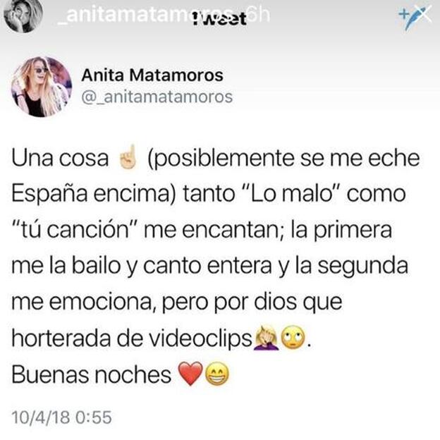 Anita Matamoros critica las canciones de 'Lo Malo' y 'Tu Canción'.