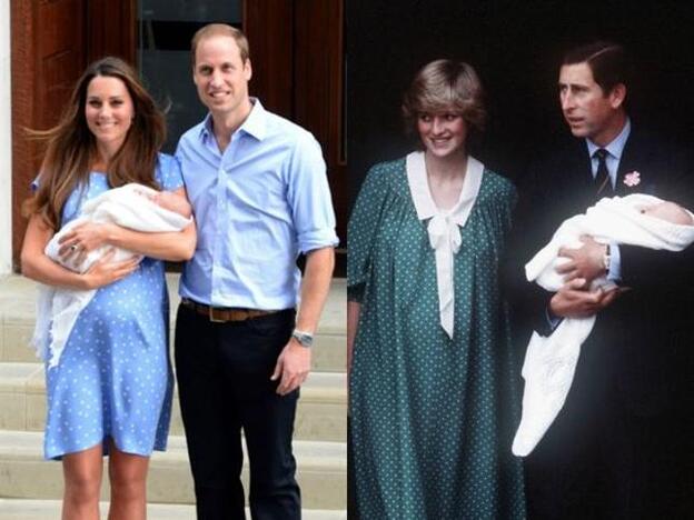 En la imagen de la derecha, Kate Middleton junto al Príncipe Guillermo tras dar a luz al Príncipe George en 2013. En la imagen de la derecha, Kate Middleton junto al Príncipe Carlos tras dar a luz a Guillermo en 1982.