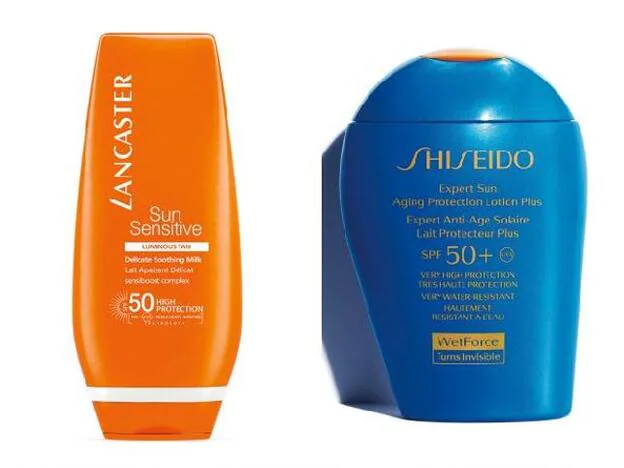 Sun Sensitive Luminous Tan SPF50 de Lancaster (35,80 €). Expert Sun WetForce Antiaging Protection Lotion Plus SPF50+ de Shiseido (47 €)