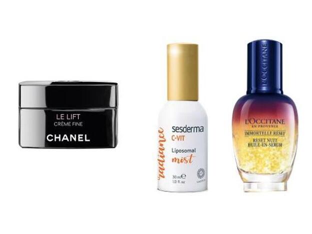 Le Lift Crème Fine de Chanel (110 €). / C-Vit Mist Bruma Iluminadora de Sesderma (19,95 €). / Reset Nuit Huile-in-serum de L’Occitane (55 €).