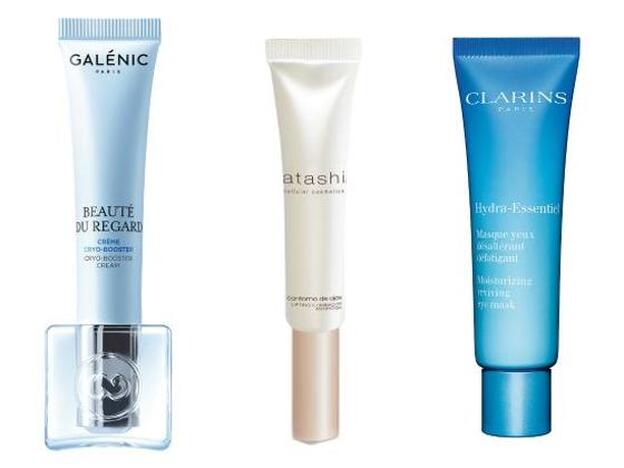 Beauté du Regard Créme Cryo-Booster de Galénic (43 €). / Contorno de Ojos Lifting Iluminador Antifatiga de Atashi (36,80 €). / Hydra-Essentiel Masque Yeux Désaltérant Défatigant de Clarins (41,50 €).