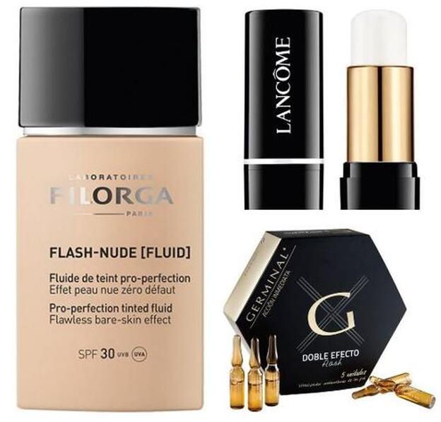 Flash Nude Fluid (36,90 €) de Filorga. Ampollas Acción Inmediata Doble Efecto Flash de Germinal (20 €). Blur & Go Stick de Lancôme (40 €).