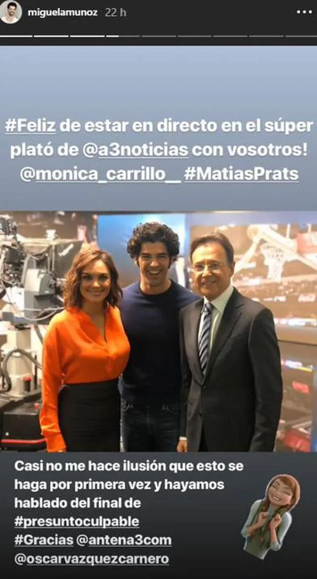 Miguel Ángel Muñoz acudió al plató de Antena Tres noticias a promocionar el final de 'Presunto Culpable', serie que protagoniza.