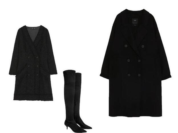 1. Vestido blazer tweed, 39,95 euros/ 2. Bota XL en color negro, 39,95 euros / 3. Abrigo cruzado con botones 79,95 euros.