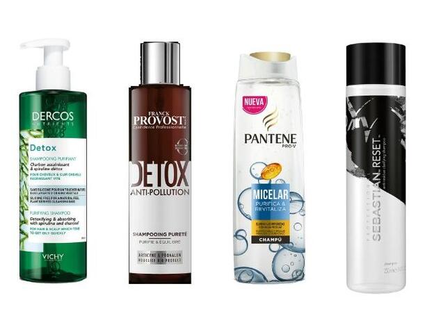 1. Champú Detox de Vichy (12 €). 2. Champú Detox Anticontaminación de Franck Provost (14 €). 3. Champú Micelar de Pantene (2,90 €). 4. Champú Reset de Sebastian Professional (21 €).