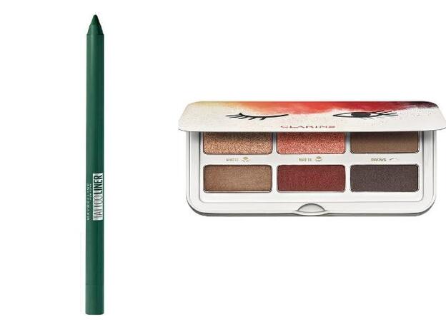 1. Tattoo Liner en tono Intense Green de Maybelline (5,99 euros). 2. Paleta de ojos #Ready in a Flash de Clarins (35 euros).