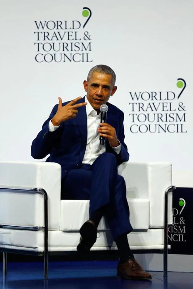 El expresidente Barack Obama durante su intervención en el foro mundial de Turismo./getty images
