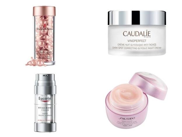 1. Retinol Ceramide Capsules Line Erasing Night Serum de Elizabeth Arden (110 €). 2. Vinoperfect Crema de Noche Glicólica Antimanchas de Caudalie (33,60 €). 3. Hyaluron Filler Noche Peeling &amp; Serum de Eucerin (39,90 €). 4. White Lucent Overnight Cream &amp; Mask de Shiseido (98 €).