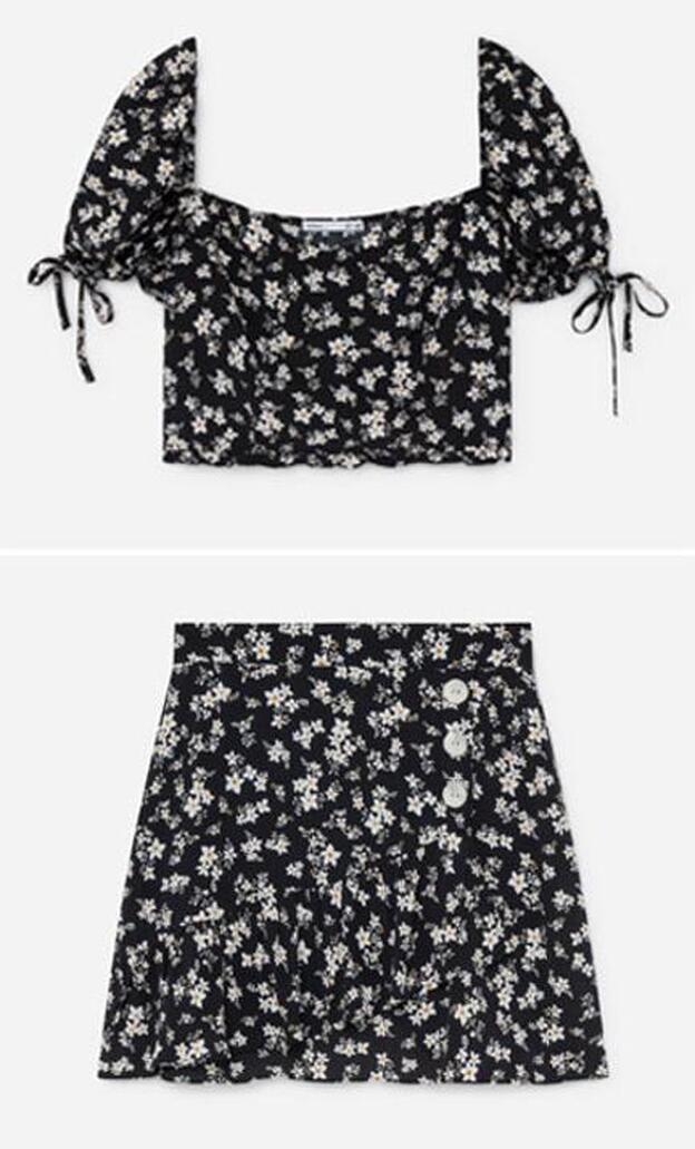 Conjunto de top (12,99 euros) y falda (15,99) con estampado de flores.