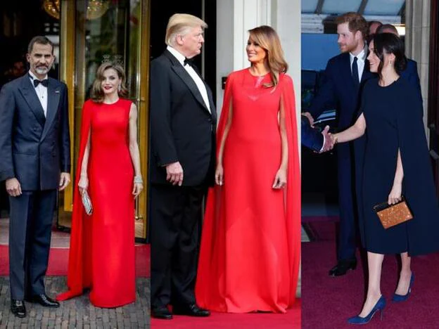 La Reina, Melania Trump y Meghan Markle con el vestido capa.