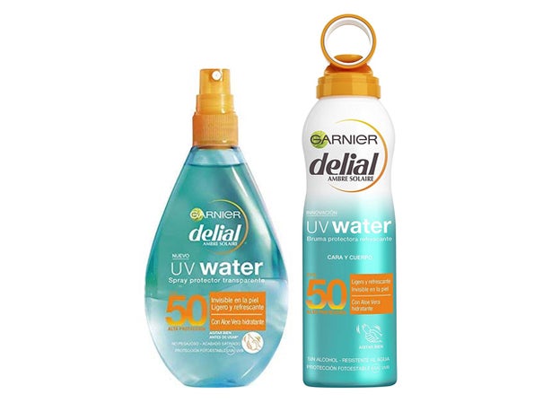 Bruma Solar Transparente UV Water IP50+ y Spray Solar Transparente UV Water IP50+ de Garnier Delial.