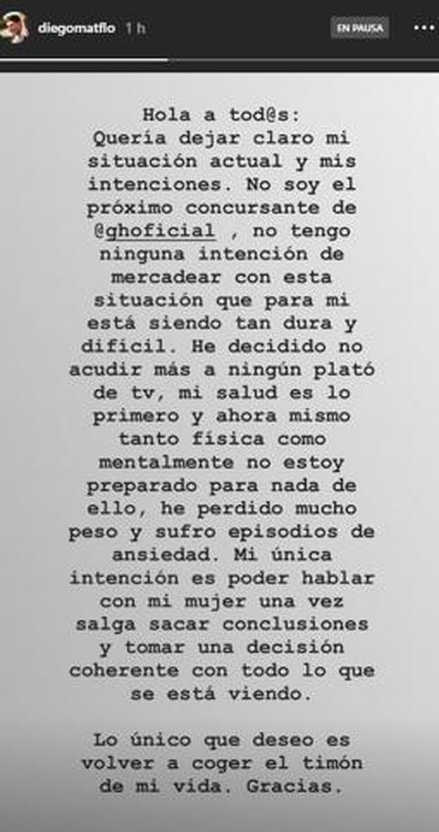 Diego Matamoros ha utilizado su Instagram para dar este comunicado.