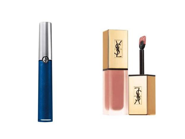 Sombra de ojos Eye Tint Acqua Giorgio Armani en el tono 36 (33 euros) / Labial nude líquido Tatouage Couture matte stain (tono 07) de Yves Saint Laurent (36,55 euros).