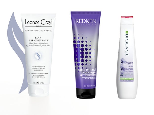 Soin Repigmentant Rubio Frío de Leonor Greyl (43,90 €). Mascarilla Color Extend Blondage de Redken (33,40 €). Purple Shampoo de Biolage (15,85 €).