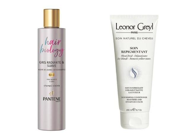 1. Champú Hair Biology Gris Radiante y Suave de Pantene (6,99 €). 2. Soin Repigmentante de Leonor Greyl (43,90 €).