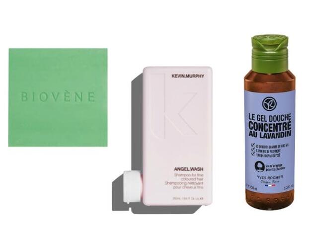 1. Biovène barcelona Champú Sólido (5,95 €). 2. Kevin.Murphy Angel Wash (23,50 €). 3. Yves rocher Gel de Ducha Concentrado (3,50 €).