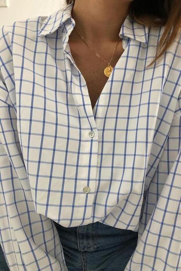 Camisa con estampado de cuadros en blanco y azul de Zara (22,99 euros)