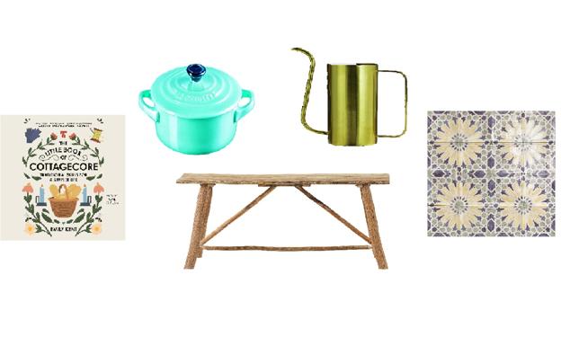 Baldosas Fiesta Ceramic de Porcelain Superstore (c.p.v.), consola Odilon de Casa Shops (129€), regadera Brass de Westwing Now (34,99€), The Little Book of Cottagecore (Adams Media), de Emily Kent (17,49€), cacerola de Le Creuset (desde 109€). 