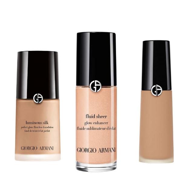 1. Base de maquillaje Luminous Silk num 8. 2. Iluminador líquido Fluid Sheer Glow Enhancer num 2. 3. Corrector Luminous silk Concealer 4. Todo de Armany Beauty.