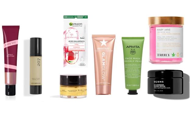 1-MARY KAY. Metallic Peel-Off- Mask (22 €). 2- SOFIA BERTRAND. Absolute Mask Imperial Gold (115 €). 3-GARNIER Ampoule Mask Piña y Vitamina CG (3 €) 4- BIOLINE JATÒ. The Sleeping Mask (105 €). 5-GLAMGLOW. Brightmud Mask (49 €). 6- APIVITA. Face Mask Prickly Pear (13,75 €). 7- TRULY. Mary Jane CDB Glow Mask (39,95, en Sephora). 8- SCENS. Le Masque Ultra Riche (53 €).