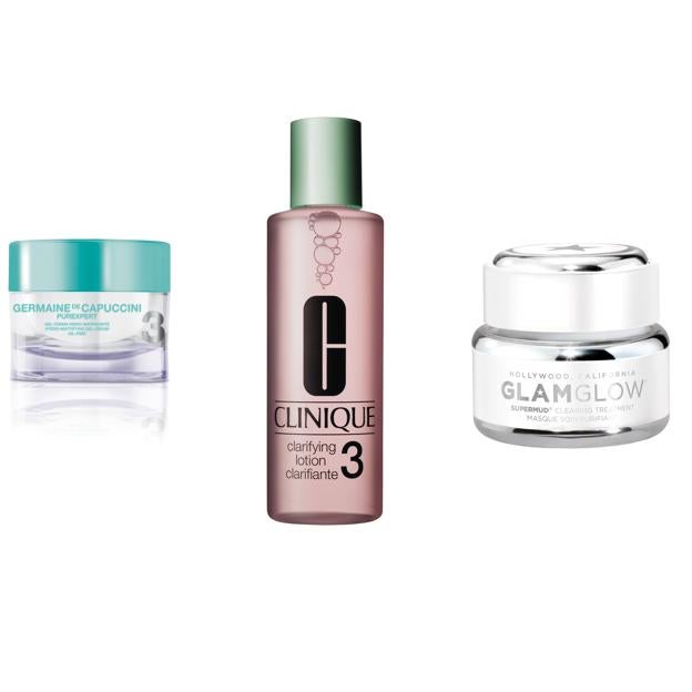 CLINIQUE. Loción Clarificante 3 Piel Grasa (40,50 €). GLAMGLOW. Supermud Clearing Treatment (12,90 €). GERMAINE DE CAPUCCINI. Purexpert Gel Matificante (28,90 €). CHRISTIAN LOUBOUTIN. Neceser Our Angels (c.p.v.).