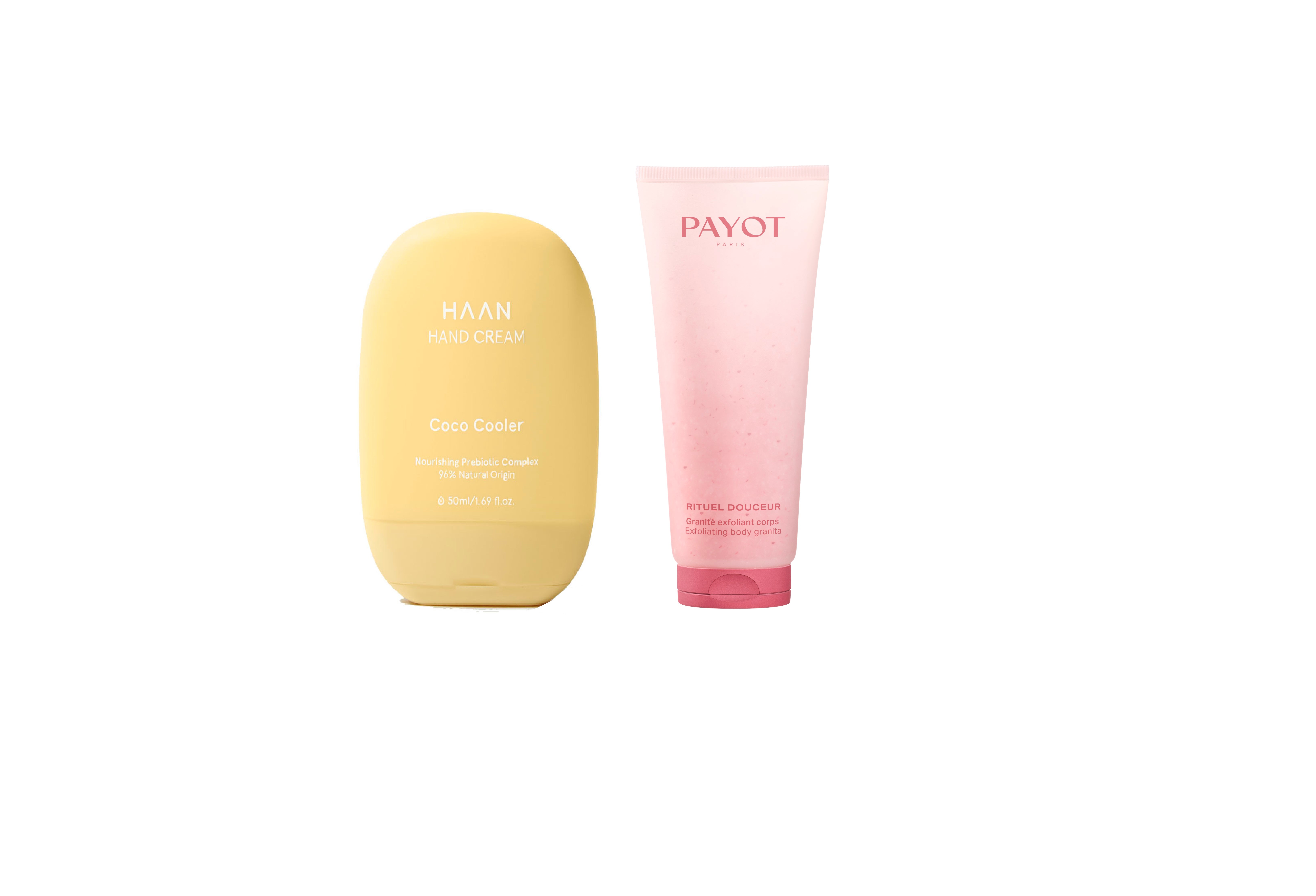 MANOS: Crema de manos Coco Cooler de Haan (8,90€). Exfoliante suave Granité Exfoliant Corps de Payot (23,60€).