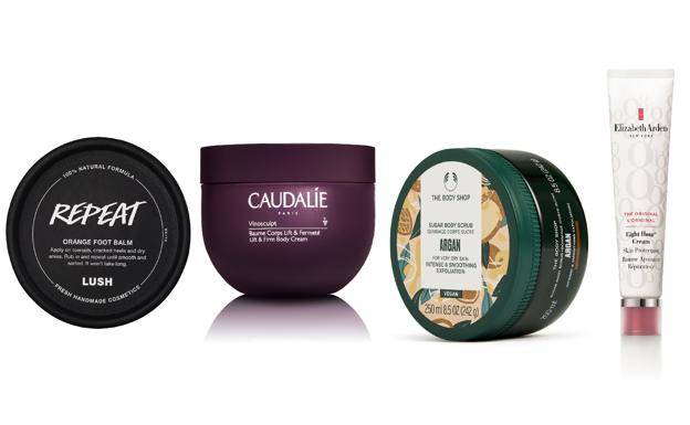 CUERPO: Bálsamo para pies Repeat, con ingredientes veganos, de Lush (11,50€). Crema reafirmante Vinosculpt de Caudalie (28,60€). Sugar Body Scrub de argán, de The Body Shop (17€). Bálsamo reparador Eight Hour Cream de Elizabeth Arden (35€).