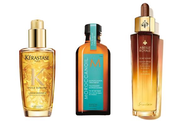 1. Elixir Ultime Huile Originale, de Kérastase (43 €). 2. tratamiento moroccanoil, de Moroccanoil (49,20 €). 3. scalp &amp; hair, aceite en sérum de Guerlain (129,99 €).