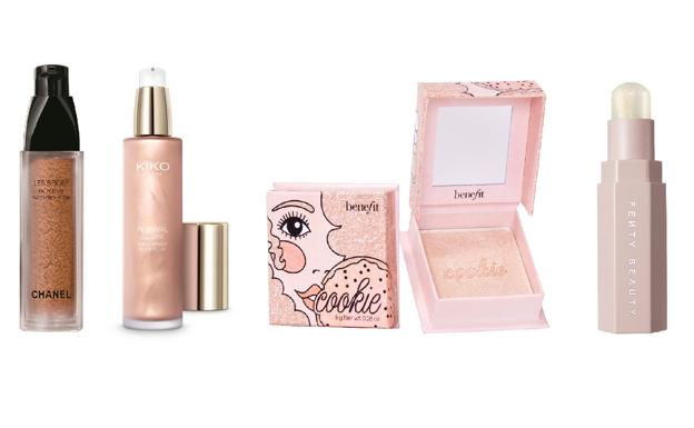 CHANEL. Les Beiges Eau de Blush (52 €). KIKO MILANO. Shine Bright Body Fluid (14,99 €). BENEFIT. Iluminador en tono Cookie (36 €). FENTY BEAUTY. Stick efecto iluminador Match Stix Glow (23,99 €).