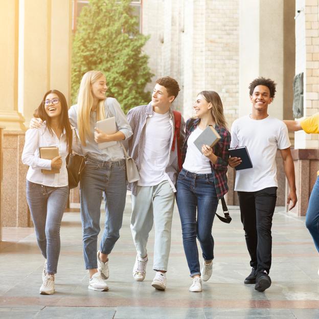 Grupo de estudiantes estudiando fuera.