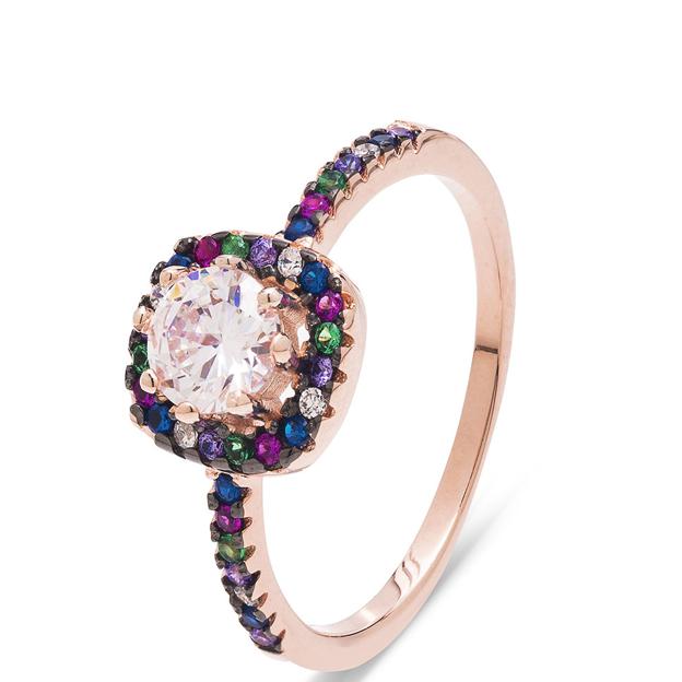 Anillo de mujer Luxenter Trendy Wardham de plata con baño de oro rosa y circonitas multicolores.