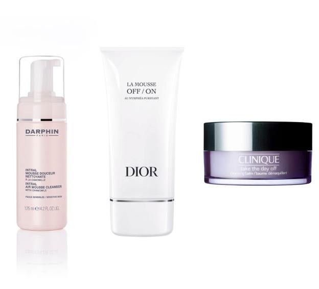 Limpiador en mousse Intral de Darphin (32 €), La Mousse OFF/ON de Dior (49 €) y bálsamo desmaquillante Take the day off de Clinique (32 €).