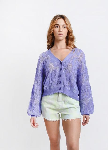 Cárdigan de mujer en punto mezclado con transparencias de Lila Sidonio, 59,90€.