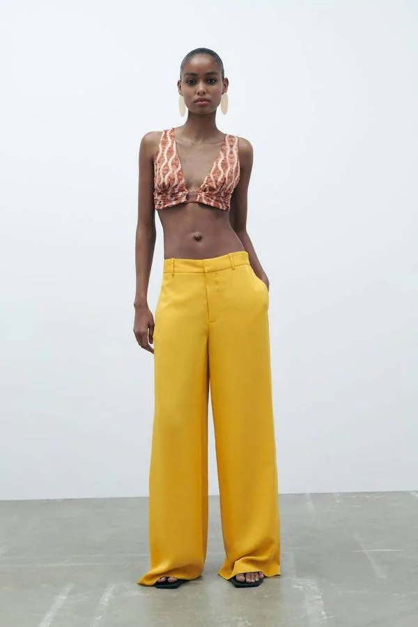 Pantalones anchos de cintura alta Bowknot en amarillo claro