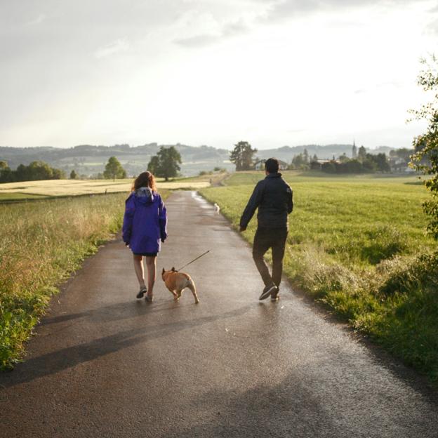 Pareja caminando con su perro.