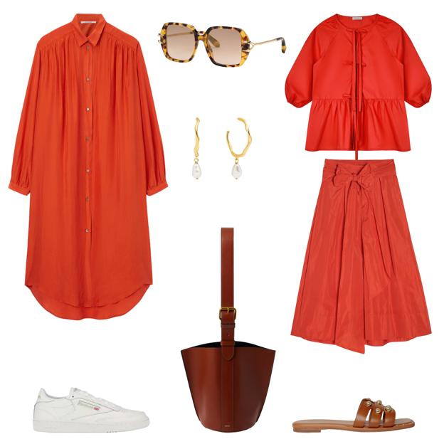 Vestido tipo camisero, con botones, de POMANDÈRE (427 €). Gafas de sol, con montura cuadrada efecto carey, de ROBERTO CAVALLI (390 €). Blusa Cefalú, con mangas abullonadas, de CHIRIBITA (29 €). Falda midi en tafeta, con lazada, de ROBERTO VERINO (144 €). Sandalias planas en cuero, con tachuelas en el empeine, de MAJE (188 €). Bolso Saul mini, de piel con asa larga, de SOEUR (227, 50 € €). Zapatillas blancas Club C 85, de REEBOK EN COURIR (60 €). Pendientes Menorca, de aro con perla, de SINGULARU (32, 99 €).