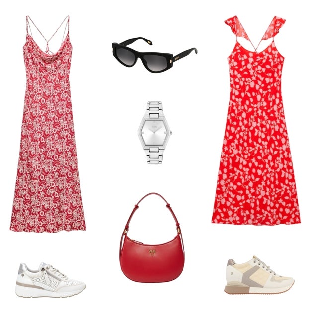 Vestido de tirantes, de ZARA (30 €). Gafas de sol, de JUST CAVALLI (179 €). Vestido con tirantes cruzados a la espalda, de MANGO (20 €). Zapatilla deportiva, de GIOSEPPO (70 €). Bolso en piel lisa, de PINKO (295 €). Zapatilla deportiva, de CARMELA (90 €). Reloj Karat, en acero plateado, de TOUS (199 €).