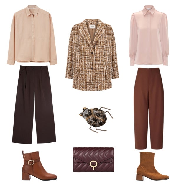 Camisa en seda color melocotón, de POMANDÈRE (238 €). Chaqueta en tweed, de PILAR BANDE (C.P.V.). Blusa fluida rosa, de MIRTO (199 €). Pantalón de tiro alto, de SOEUR (245 €). Botines elásticos y con tacón cuadrado, de PITILLOS (75 €). Bolso en piel acolchada, de SANDRO (265 €). Botín en piel con hebilla, de CARMELA (120 €). Pantalón fluido, de PARFOIS (40 €). Broche con pedrería, de LATIDO (35 €). 