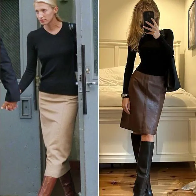 Influencer copia el look noventero de Carolyn Bessette Kennedy con falda lápiz, botas de tacón y jersey